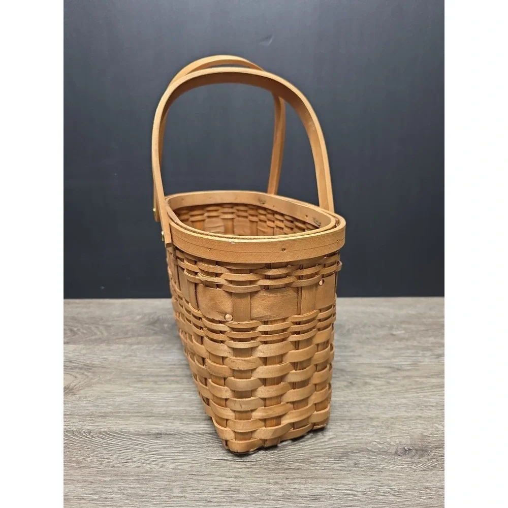 Vintage Double Handled Light Brown Wooden Basket 13.5x9x7 Rustic Home Decor